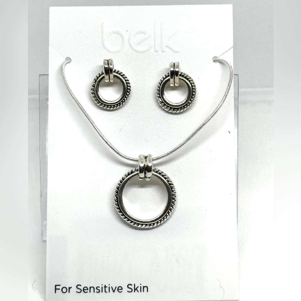 BELK Silver Tone and Black Design Circle Pendant Necklace and Post Earring